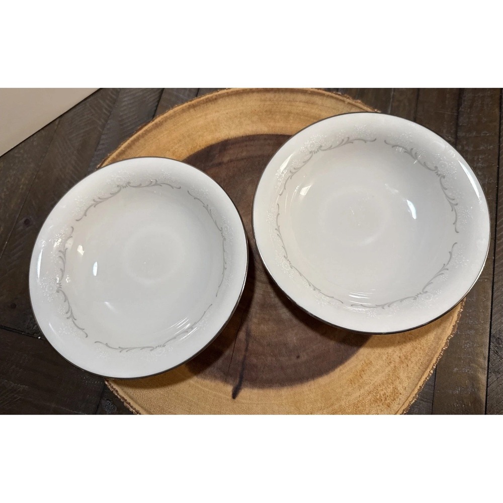 Noritake Irene 7571 Coupe Soup Bowls Set 2 Ivory China Silver Trim Floral Japan